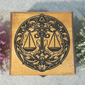 Libra Zodiac Wooden Keepsake Box – Engraved Astrology Design with Lined Interior, Libra Gift