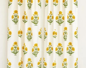 Panel de cortina floral con estampado de bloques a mano indios, cortina personalizada de algodón 100 % estilo bohemio para sala de estar, dormitorio y ventana de estilo rústico. Cortina de 2 paneles.