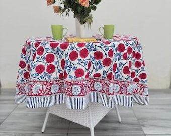 Red Floral Hand Block Printed Cotton Tablecloth, Boho Style