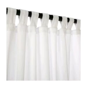May include: Close-up of white tab-top curtains suspended from a black curtain rod. The curtains are made of a light, flowing material, and are neatly arranged. The image highlights the fabric's texture and the rod's design.