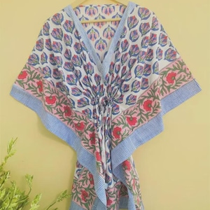 Women Dress Short Caftan, Indian Handmade Floral Cotton Kaftan, Dress Beach Cover up, Hippie Hand Block Print Sleepwear Maxi Caftan Dress