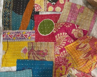 Boho Scraps Lots - Vintage kantha bundles, Indian SARI Fabric Square, Quilted Kantha Patches, quilt scraps Snippets , Junk Journals,