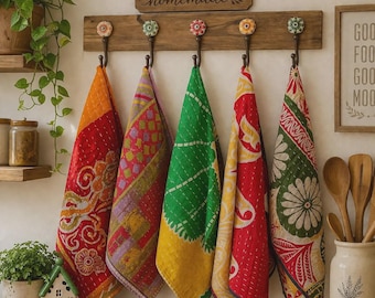 Handmade Vintage Kantha Towel Set 5pcs, Reversible Cotton KitchenTowels, Indian Vintage Fabric Mix Assorted Boho Towels
