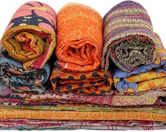 Wholesale Lot Of Indian Vintage Kantha Quilt Cotton Assorted Multicolor Fabric Hand stitched Throw Bedspread Reversible Blanket 85X55 Inch