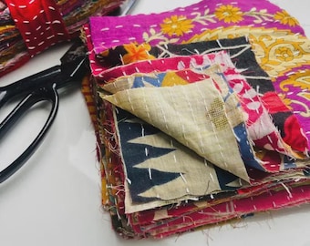 100 Pc Boho Scraps Lots - Vintage kantha bundles, Indian SARI Fabric Square, Quilted Kantha Patches, quilt scraps Snippets , Junk Journals,
