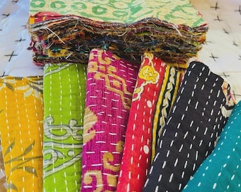 100 Pc Scraps - Vintage kantha bundles, Indian SARI Fabric Square, Quilting Kantha Patches, quilt scraps Snippets , Junk Journals,