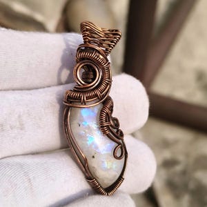 Handmade Moonstone Copper Pendant : Blue Flash Pendant, wire wrapped jewelry