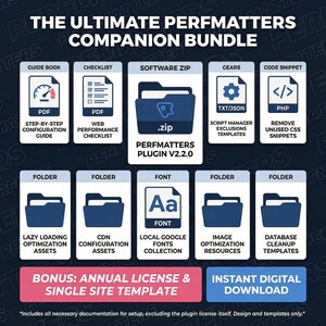 May include: An image promoting "THE ULTIMATE PERFMATTERS COMPANION BUNDLE." It showcases icons for a guide book, checklist, software zip, gears, and code snippets. Further icons represent folders and a font. The bundle includes an annual license and instant digital download.