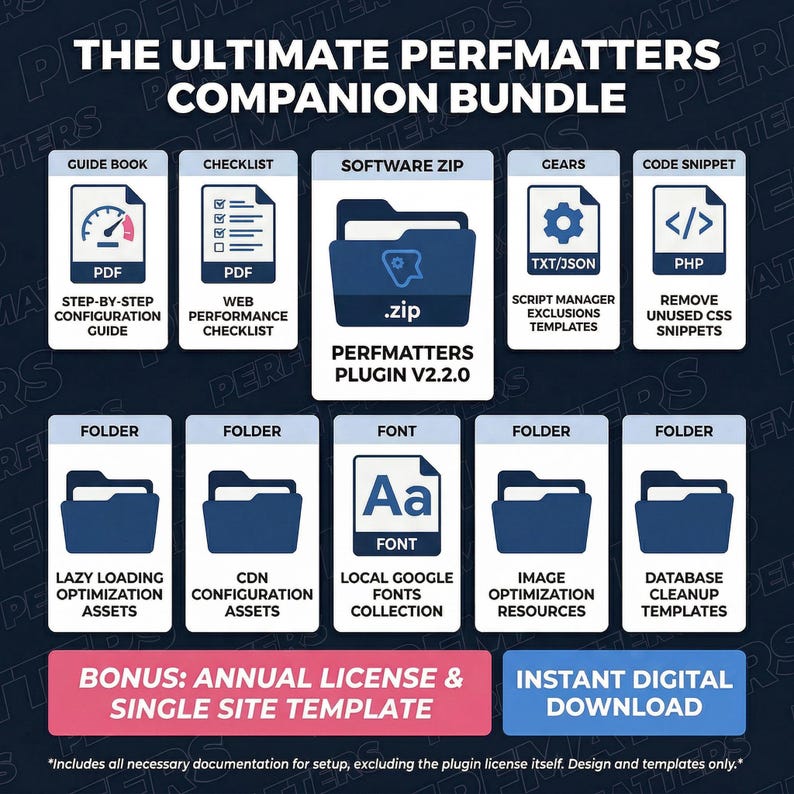 May include: An image promoting "THE ULTIMATE PERFMATTERS COMPANION BUNDLE." It showcases icons for a guide book, checklist, software zip, gears, and code snippets. Further icons represent folders and a font. The bundle includes an annual license and instant digital download.