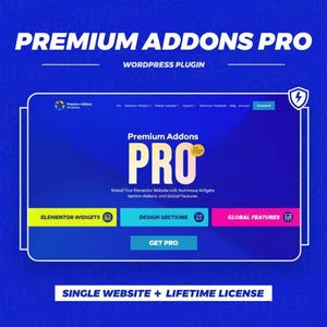 May include: A digital graphic promoting "Premium Addons PRO" for WordPress. The design features a blue and white color scheme with the text "PREMIUM ADDONS PRO" at the top. The graphic highlights Elementor widgets, design sections, and global features.