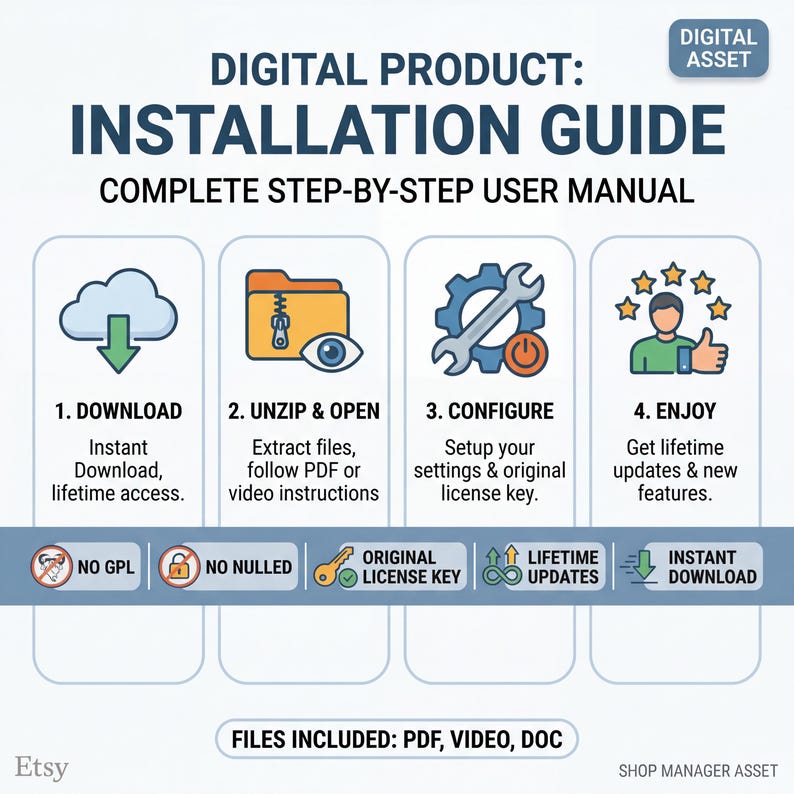 K&ouml;nnte beinhalten: Eine digitale Produktinstallationsanleitung mit blauem und wei&szlig;em Design. Der Leitfaden enth&auml;lt Schritte zum Herunterladen, Entpacken, Konfigurieren und Nutzen des Produkts. Der Text enth&auml;lt "Sofortiger Download" und "Lebenslange Updates". Enthaltene Dateien: PDF, Video, DOC.