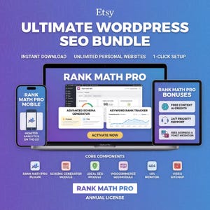 May include: An Etsy listing graphic promoting the "ULTIMATE WORDPRESS SEO BUNDLE." The image features a laptop, tablet, and smartphone displaying the "Rank Math Pro" interface. Text includes "Instant Download," "Unlimited Personal Websites," and "1-Click Setup."