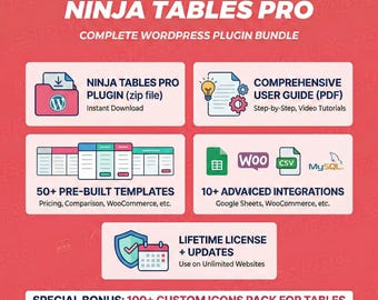 Ninja Tables Pro WordPress Plugin: Lifetime License, Auto Updates (Digital Download)