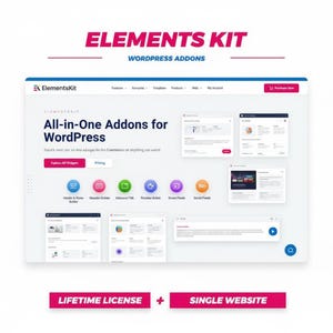 K&ouml;nnte beinhalten: Eine Website-Oberfl&auml;che mit dem Text "Elements Kit" und "WordPress Addons". Die Oberfl&auml;che zeigt verschiedene Funktionen und Widgets, darunter "Header & Footer Builder" und "Social Feeds". Der untere Bereich zeigt den Text "Lifetime License" und "Single Website".
