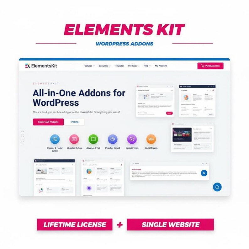 K&ouml;nnte beinhalten: Eine Website-Oberfl&auml;che mit dem Text "Elements Kit" und "WordPress Addons". Die Oberfl&auml;che zeigt verschiedene Funktionen und Widgets, darunter "Header & Footer Builder" und "Social Feeds". Der untere Bereich zeigt den Text "Lifetime License" und "Single Website".