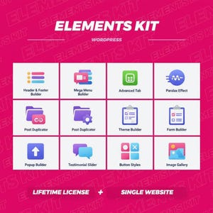 K&ouml;nnte beinhalten: Ein rosa-wei&szlig;es Grafikdesign, das f&uuml;r das WordPress-Plugin Elements Kit wirbt. Das Bild zeigt ein Raster von Symbolen, die verschiedene Funktionen wie Header & Footer Builder und Image Gallery darstellen. Der Text enth&auml;lt "ELEMENTS KIT" und "LIFETIME LICENSE + SINGLE WEBSITE."