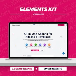 May include: A laptop displaying the ElementsKit website, a WordPress plugin for addons and templates. The screen shows the website's features, including a header and footer builder, and various other tools. The background is a vibrant pink with the words "Elements Kit" repeated.
