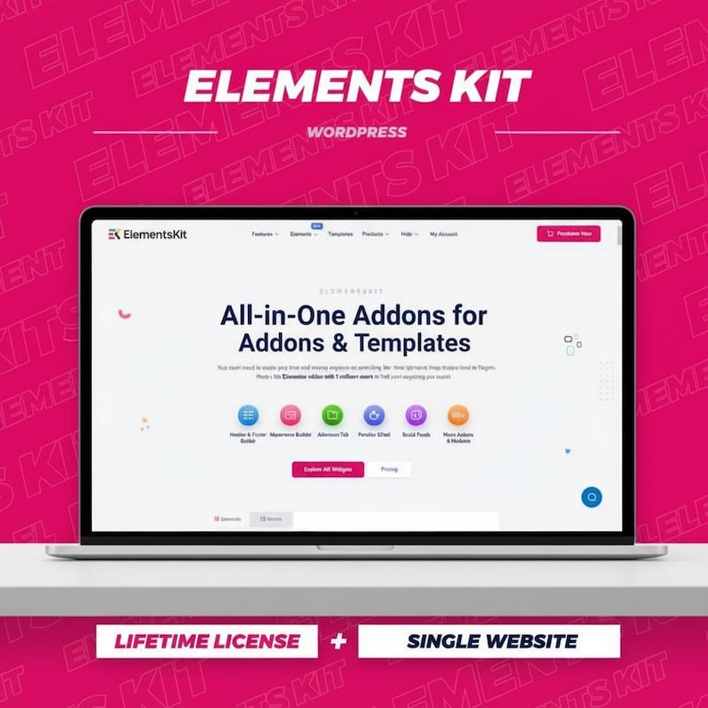 K&ouml;nnte beinhalten: Ein Laptop mit der ElementsKit-Website, einem WordPress-Plugin f&uuml;r Add-ons und Vorlagen. Der Bildschirm zeigt die Funktionen der Website, einschlie&szlig;lich eines Header- und Footer-Builders und anderer Tools. Der Hintergrund ist ein leuchtendes Pink mit dem Wort "Elements Kit".
