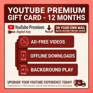 May include: A maroon and white graphic for a YouTube Premium gift card. The text reads "YOUTUBE PREMIUM GIFT CARD - 12 MONTHS." Features include ad-free videos, offline downloads, and background play. The card is a digital service with secure code delivery.