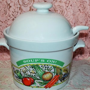 Serving Bowl Crock - Soups On -Soup Tureen Vegetable Farmhouse Design Complete with Ladle by Himark Thailand - Ranch Decor