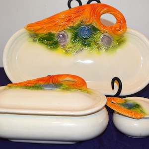 Vintage Rare Complete Byron Molds 5 Piece Floral Blue and Green Vanity Tray - Ring Holder - Trinket Dish - Makeup Set - Vanity Table Set
