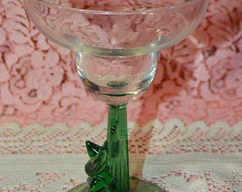 Emerald "Siesta" Crystal Margarita Glass By Cristal D'Arques-Durand. Clear Crystal Bowl With Emerald Cactus Stem And Siesta Time Base
