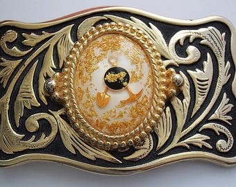 Vintage Gold Mining Belt Buckle: Floral Prospector Miners Cabochon - Pick and Shovel