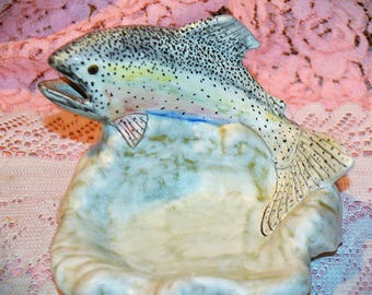 Vintage Handmade Studio Pottery Rainbow Trout Trinket Holder / Ashtray / Rustic Outdoor Western Cabin Decor - Signed and Stamped on Bottom