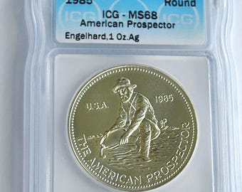 1985 Engelhard American Prospector 1 Troy Oz Silver Round ICG Graded MS68 - .999 Fine Silver Coin - Coins - Silver - Good Year