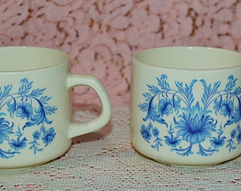 Vintage Sando International Stoneware Mugs Featuring a Blue and White Floral Design Set of (2) Two - Made in Portugal