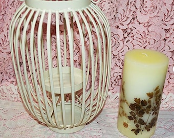 French Country Birdcage Hanging Metal Candle Holder - Complete with Floral Painted Candle - Farmhouse Country Design - Votive Candle Holder