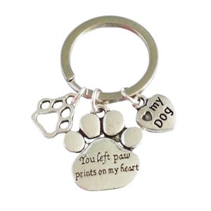 May include: Silver-coloured keyring with three charms: a paw print, a paw-shaped cutout, and a heart. The heart charm reads "my dog." The large paw print charm has the text "You left paw prints on my heart."