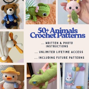 Puede incluir: Una colección de patrones de crochet de animales hechos a mano. La imagen presenta varios animales de ganchillo, incluyendo un oso, un lagarto, un pato, una jirafa y un conejo. El texto dice "50+ Animals Crochet Patterns" con instrucciones y acceso de por vida.