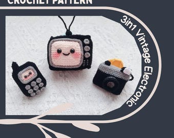 3in1 Vintage Electronic Crochet Pattern, Phone, Television, Camera, Appliances Amigurumi, Mini Stuffed Toy, Retro Desk Plush, Home Decor