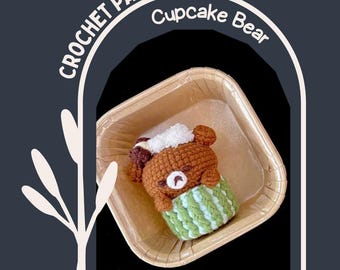 Patrón de crochet de oso cupcake, patrón de amigurumi de oso de fresa y galleta en cupcake, osito de peluche pequeño, decoración de cocina