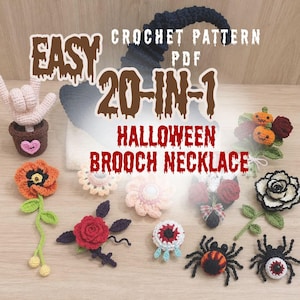 Eenvoudige haakpatronenbundel 20-in-1 Halloween-serie: broche, ketting, haaraccessoires, heksenhoed, roos, oogbolbloem, griezelige amigurumi (PDF)