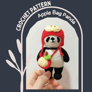 Padrão de crochê de panda-maçã, boneco de panda de pelúcia amigurumi, brinquedo de pelúcia de panda para presente, bolsa de ombro fofa e brincalhona com frutas