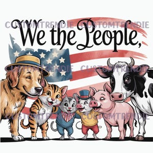 We The People Animal Hug PNG, 4th of July Digital Art, Cute Cow Pig Cat Dog Mouse Clipart, Fourth of July Humor Printable Design - TR14
