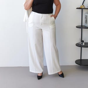 White Wide-Leg Pants for Plus Size Women – High Waisted Trousers – Elegant Capsule Wardrobe Must-Have
