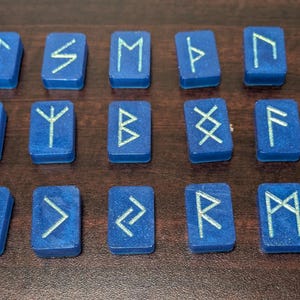 May include: A collection of twenty-four blue rune stones with white etched symbols. The stones are rectangular and arranged in rows on a dark wood surface. The runes are from the Elder Futhark alphabet, used for divination and spiritual practices.
