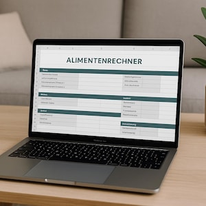 May include: A silver laptop on a wooden table, displaying a spreadsheet titled "ALIMENTENRECHNER". The screen shows a grid of rows and columns with text. A potted plant with green leaves is to the right. A beige sofa is in the background.