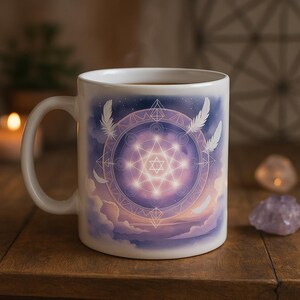 Puede incluir: Taza de cerámica blanca con un diseño celestial. El diseño presenta un patrón de estrella geométrica central, plumas y nubes. La taza tiene un asa curva y está llena de un líquido oscuro. El diseño incorpora tonos de morado, azul y blanco.