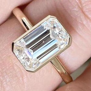 10k Yellow Gold 4 CT Emerald Cut Moissanite Ring Bezel Set Engagement Ring Solitaire Ring Wedding Promise Ring Anniversary Gift For Women