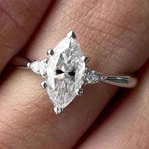 Three Stone Ring 2 CT Marquise Cut Moissanite Ring 10K White Gold Engagement Ring Promise Ring Diamond Wedding Proposal Ring, Gift For Her