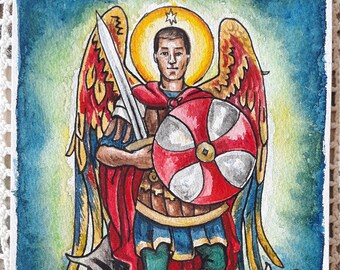 Saint Michael the Archangel Original Watercolor Painting 5 x 7"