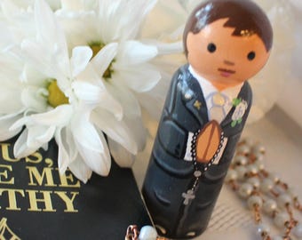 First Communion Boy Peg Doll - Customizable Large Size 3 1/2"