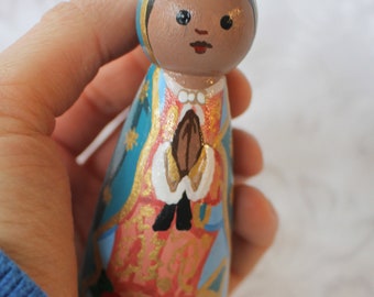 Our Lady of Guadalupe Peg Doll - Hand Painted 3 1/2" Size