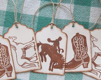 Cowboy Gift Tags  - Hand Stamped Set of Six from Original Hand Carved Stamps