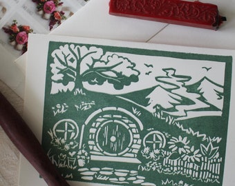 Hobbit Hole Tolkien Inspired Notecard Invitations- Handstamped Set of Six from hand carved stamp - Lord of the Rings LOTR