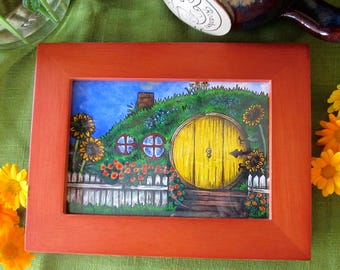 Hobbit Hole Painting - Original Ink and Watercolor Illustration with Upcycled Frame